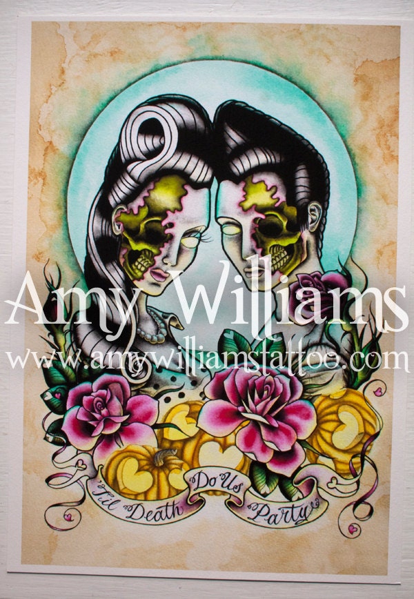 Halloween Tattoo Art  Til Death Do Us Party A3 Print