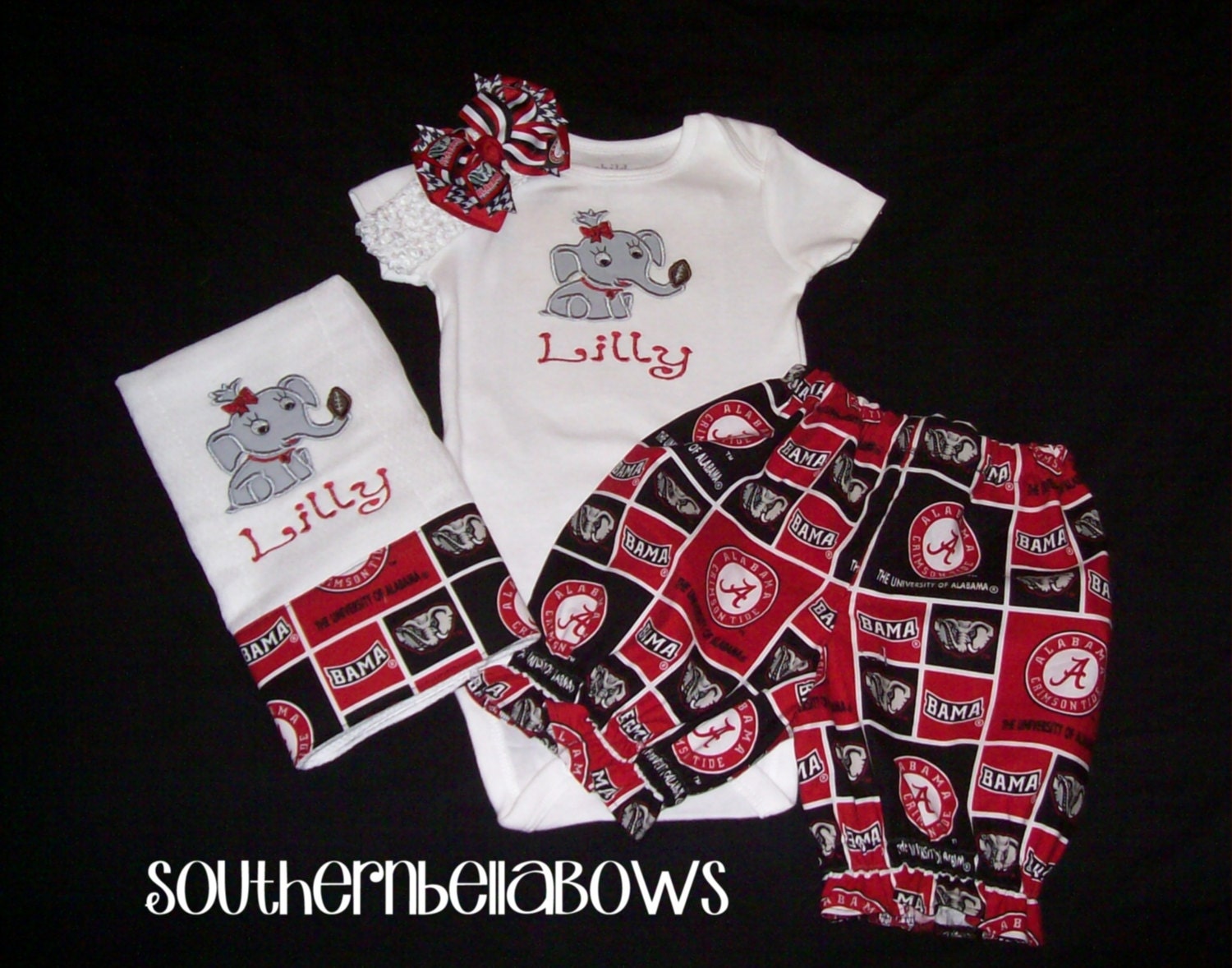 Alabama Crimson Tide Baby Set - Onesie or Shirt, Bloomer Diaper Cover, Burp Cloth, & Matching Hairbow with Crochet Headband