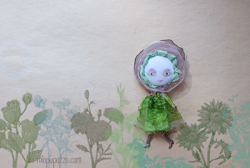 Tiny Fairy - Art doll brooch mixed media collage