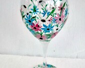 Wine Glass Hand Painted Pink and Blue Flowers