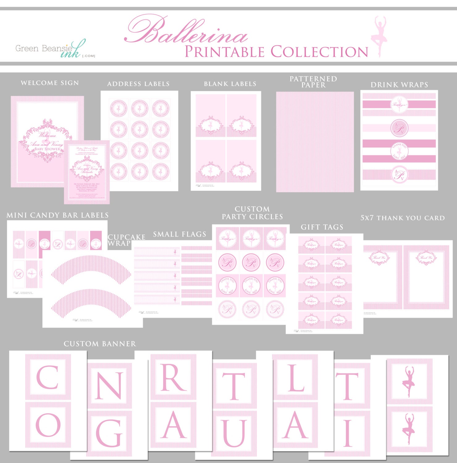 PINK DAMASK BALLERINA Printable Party Decor Package Il_570xn