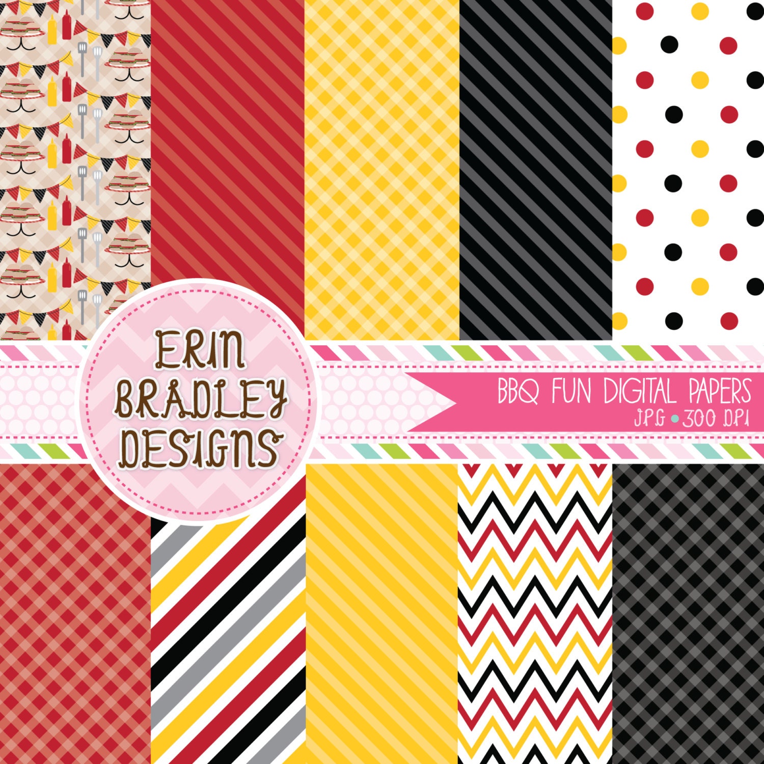 BBQ Picnic Commercial Use Digital Paper Pack Red Black Yellow INSTANT DOWNLOAD