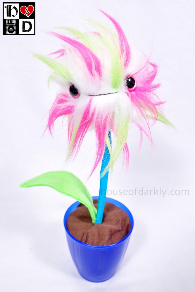 Monster Dandelion potted plant plush: B (White, hot pink and lime green fur)