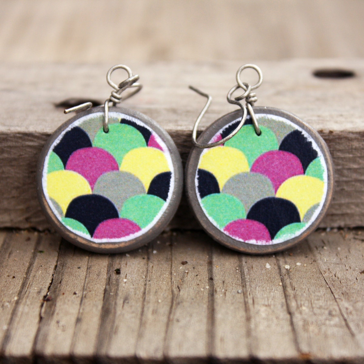 Funky lightweight earrings Wood and paper art Rustic retro jewelry Decoupage EcoFashion Handmade jewelry by The Paisley Mill . StOreY
