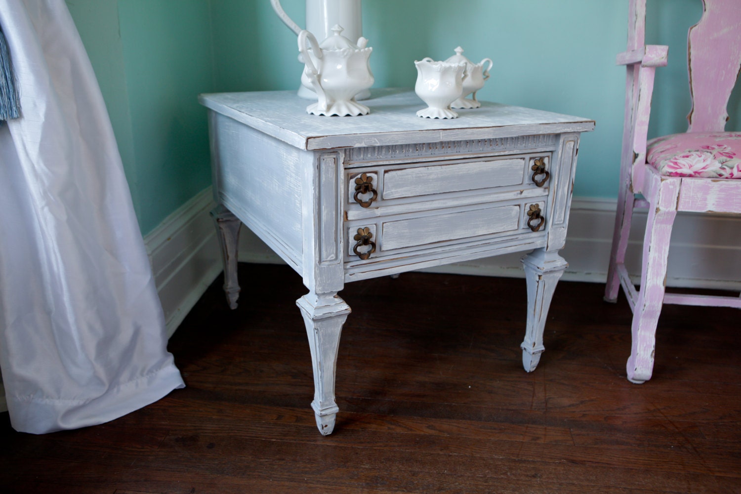 vintage side end table shabby chic french gray distressed beach cottage prairie