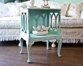 vintage shabby chic nightstand end table distressed aqua blue yellow french country antique cottage
