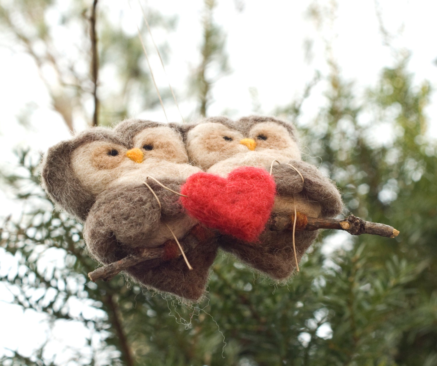 Needle Felted Owl Ornament - Love Birds