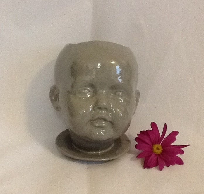 Large Gloss opaque GRAY Glazed Doll  head ceramic  planter Love this Baby