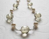 Champagne Faceted Glass and Swarovski Cream Rose Pearl, Sterling Silver Wire Wrapped Necklace, Bride, Bridal, Light Topaz, Ivory