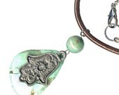 pewter Hamsa chrysoprase turquoise leather unisex necklace