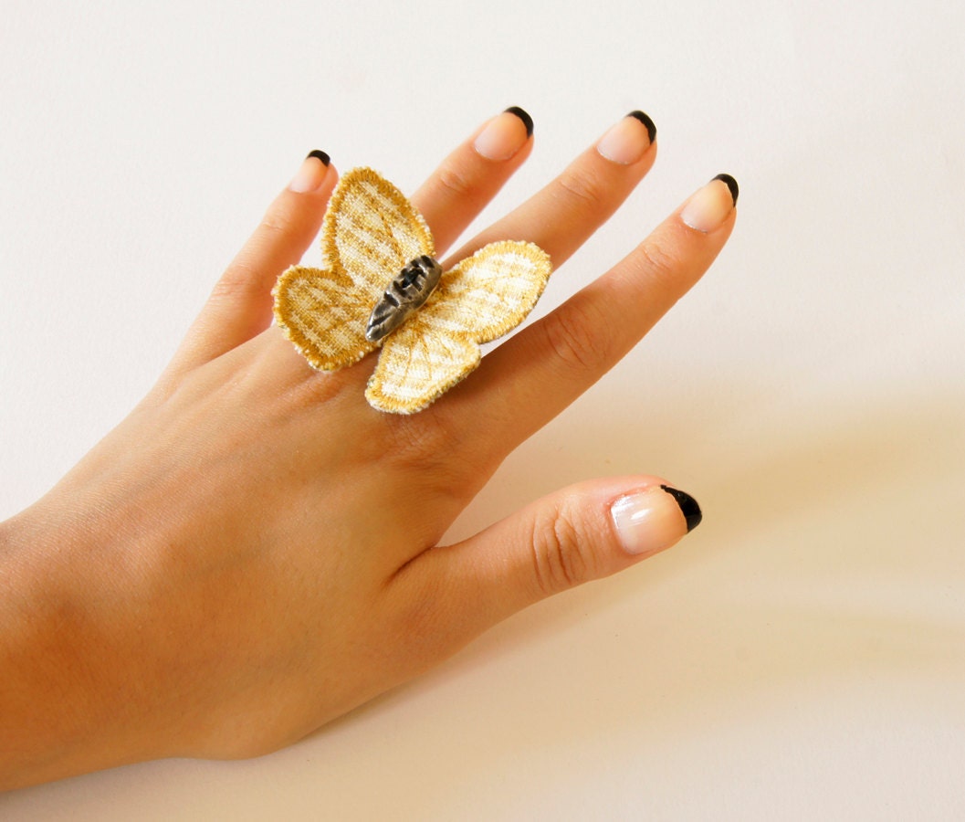 Fabric Ceramic Ring Butterfly Yellow Blue Orange