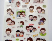 Cute Momoi & Parents Plastic Stickers From Korea - Mum, Dad, Girl, Computer, Eating Noodles, Chicken, Kitten Cat, Polaroid Photo, Shopping