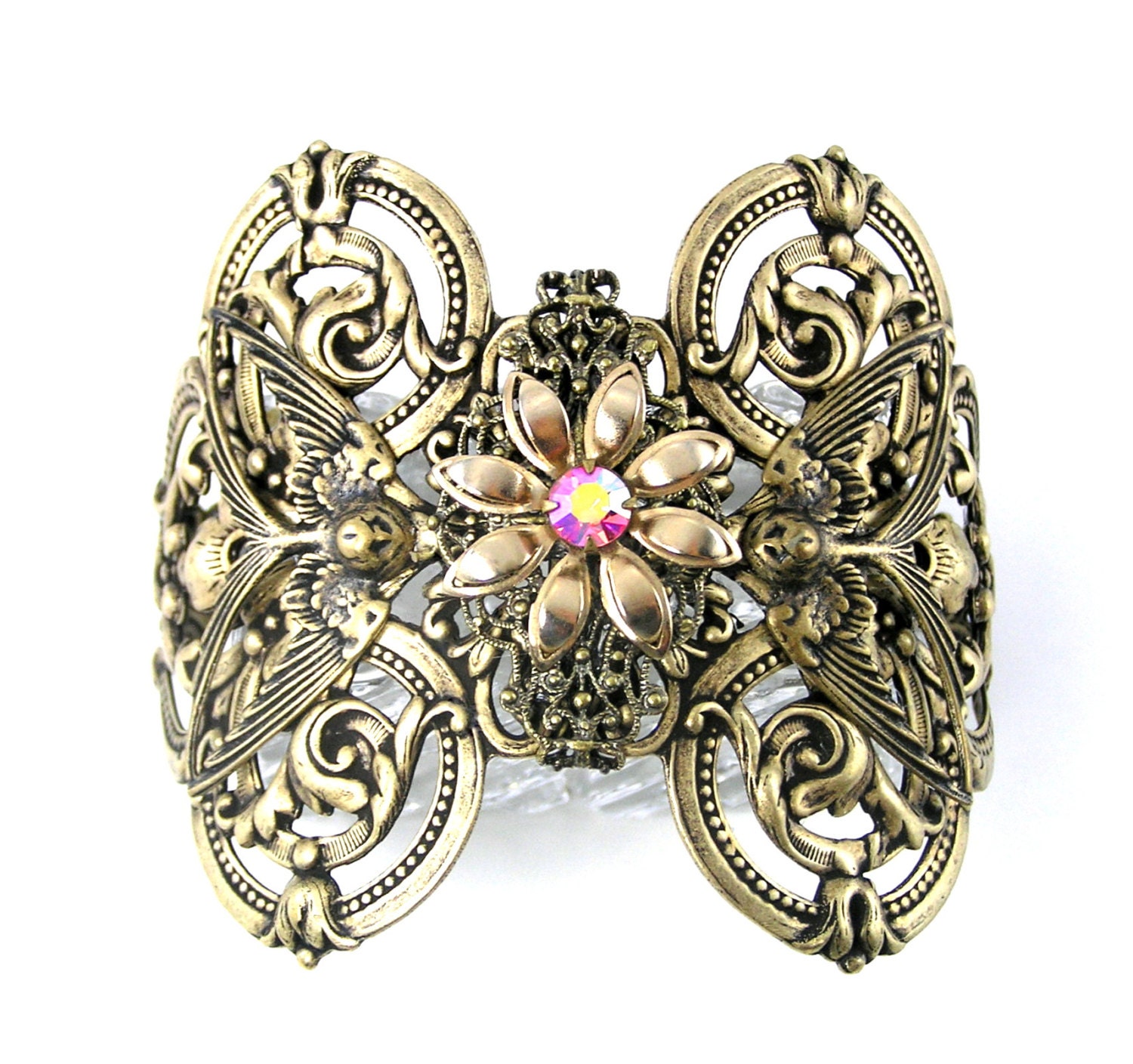 Flower Bird Cuff Bracelet, Antique Gold, Vintage, Fantasy Jewelry,