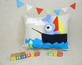 Playful Pillow with Bunny in the Boat - Children, Nursery, Decor, Toy, Boys, Bunny, Marine, Gift