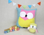 Playful Pillow with Owls - Children, Nursery, Toy, Pillow, Girls, Pink, Handmade
