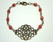 Vintage Style Hand Linked Bracelet with Czech Lumi Luster Rose Beads, Brass Filigree Connector