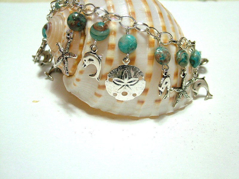 Ocean Creatures, and Blue Crazy Lace Agate Charm Bracelet, Sterling Silver Plated