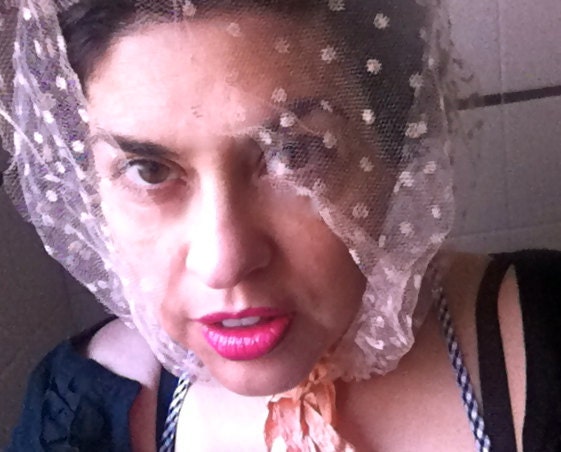 Vintage 1950s Peach Colored Net Head Scarf with Tie Ribbon