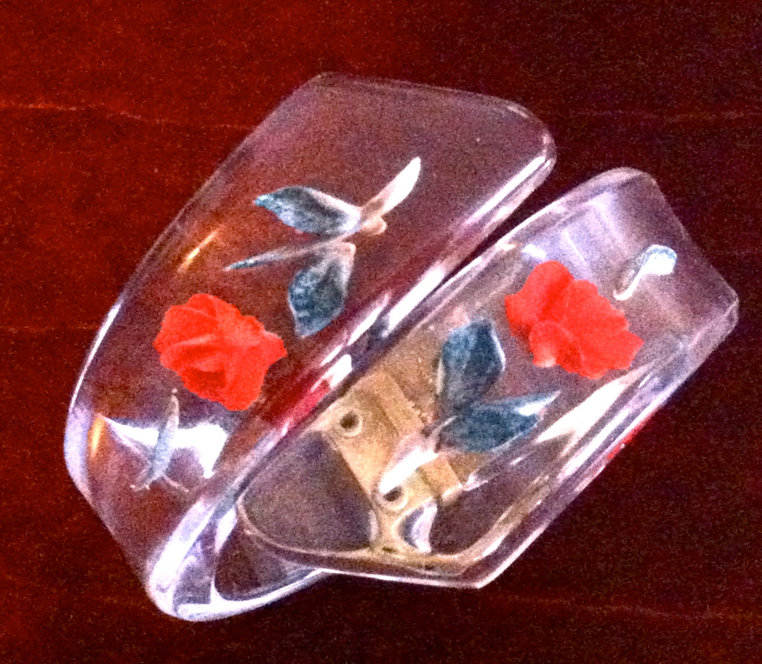 Vintage 1950s Reversed Carved Lucite Hinged Rose Bracelet Small