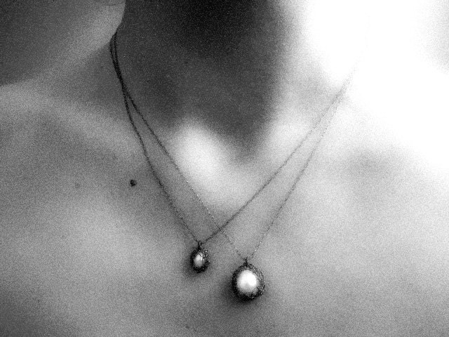 Crochet silver wire pearl necklace, oxidized silver crochet lace jewelry, Pearl pendant necklace