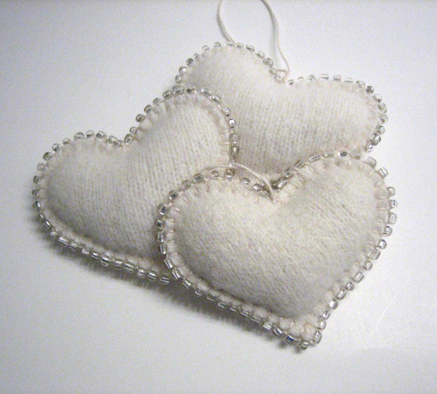 Crystal Beaded Heart Valentines Ornaments Handmade from Felted Wool Sweaters (no268)