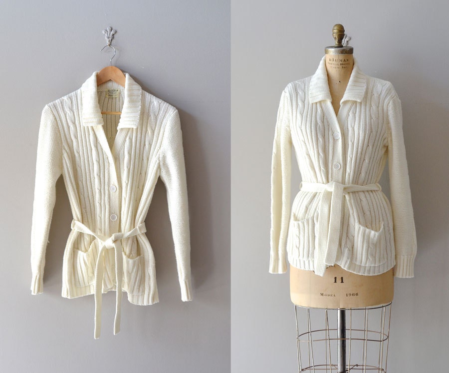 1970s sweater / cream wrap sweater / belted cardigan