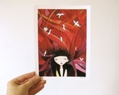 SALE 20% OFF - Archival Art Print Illustration Watercolor - Birds in My Hair - 5x7