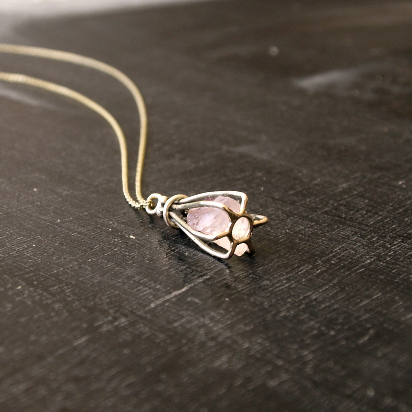14k rose gold cage pendant bridal necklace rose quarts, pearl, moon stone,sapphire, or ruby stone. Made to order bride bridesmaid necklace