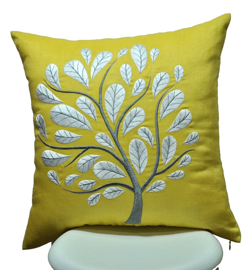 Yellow Peacock Pillow Cover, Throw Pillow Cover 18 x 18, Yellow Citrine Linen with white and gray peacock tree embroidery, yellow cushion