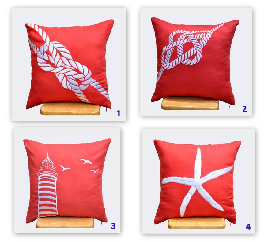 Nautical Rope Decorative Pillow Cover, Throw Pillow Cover 18 x 18, White Rope on Red Orange Linen Pillow, Cushion Cover, Orange Pillow Cover
