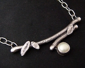 Twig and Pearl Handmade Necklace in Sterling Silver - Nature Jewelry - Branch and Pearl Necklace- Spring Necklace - Black and Ivory