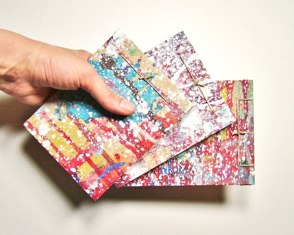 Trio of Multicolored Mini Sketchbooks - Recycled Materials - Painted Brown Paper Bag Covers - Stab Bound