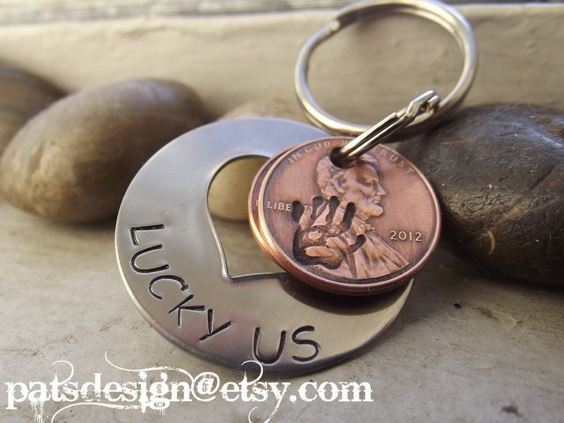 New Lucky Us Open Heart stainless steel Keychain with ONE lucky pennies