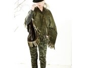Leather SHAWL Handmade Clint Eastwood style Moss green Fringe Suede