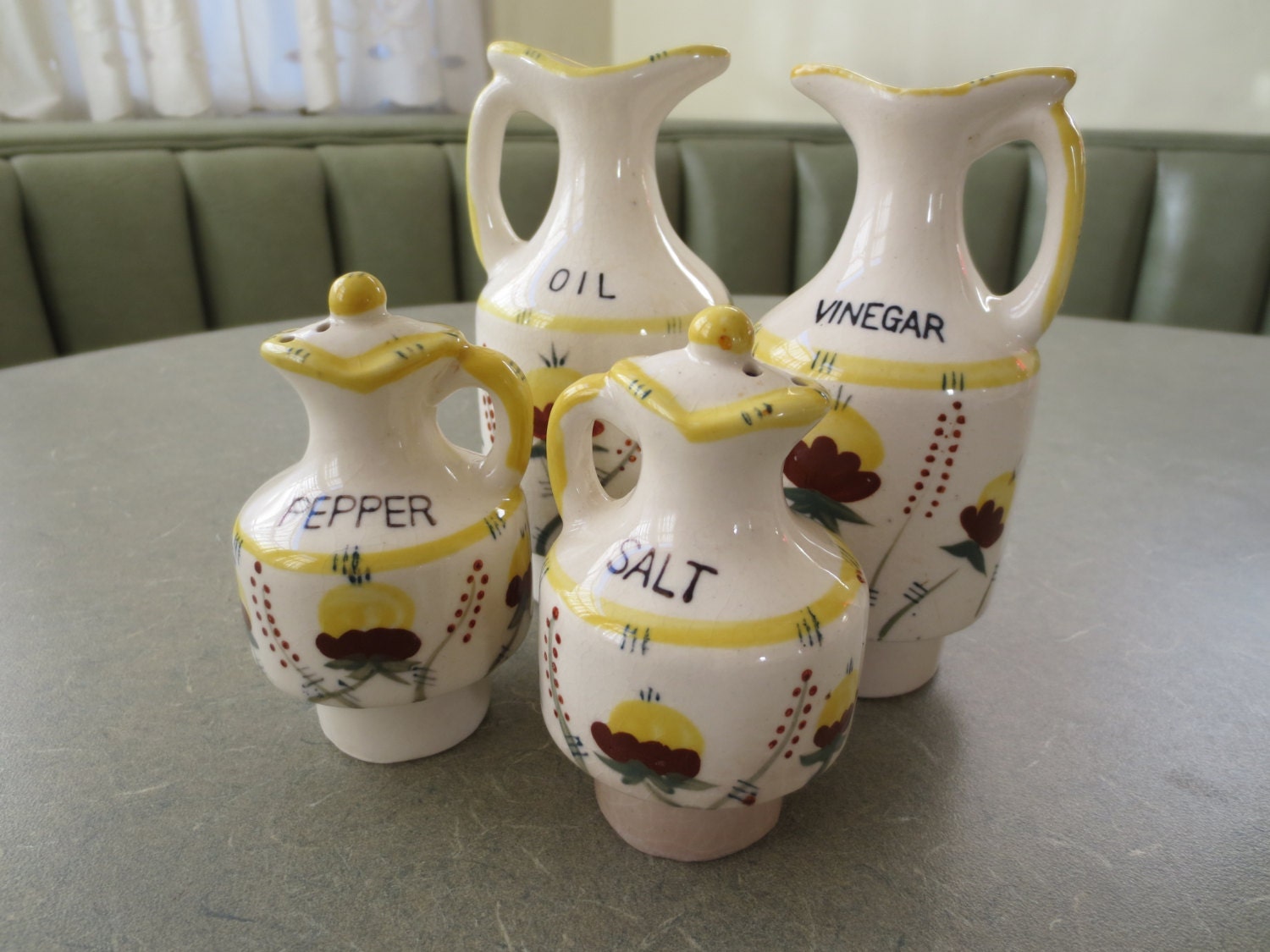 Vintage Vinegar and Oil Pitchers, Vintage Salt and Pepper Shakers, Ceramic, Floral Serving Pieces, Hand Painted, Ceramic Cruet Set