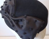 Black Bobbles. MADE TO ORDER 1940s style felt cocktail percher hat with military style.  Fits all sizes.