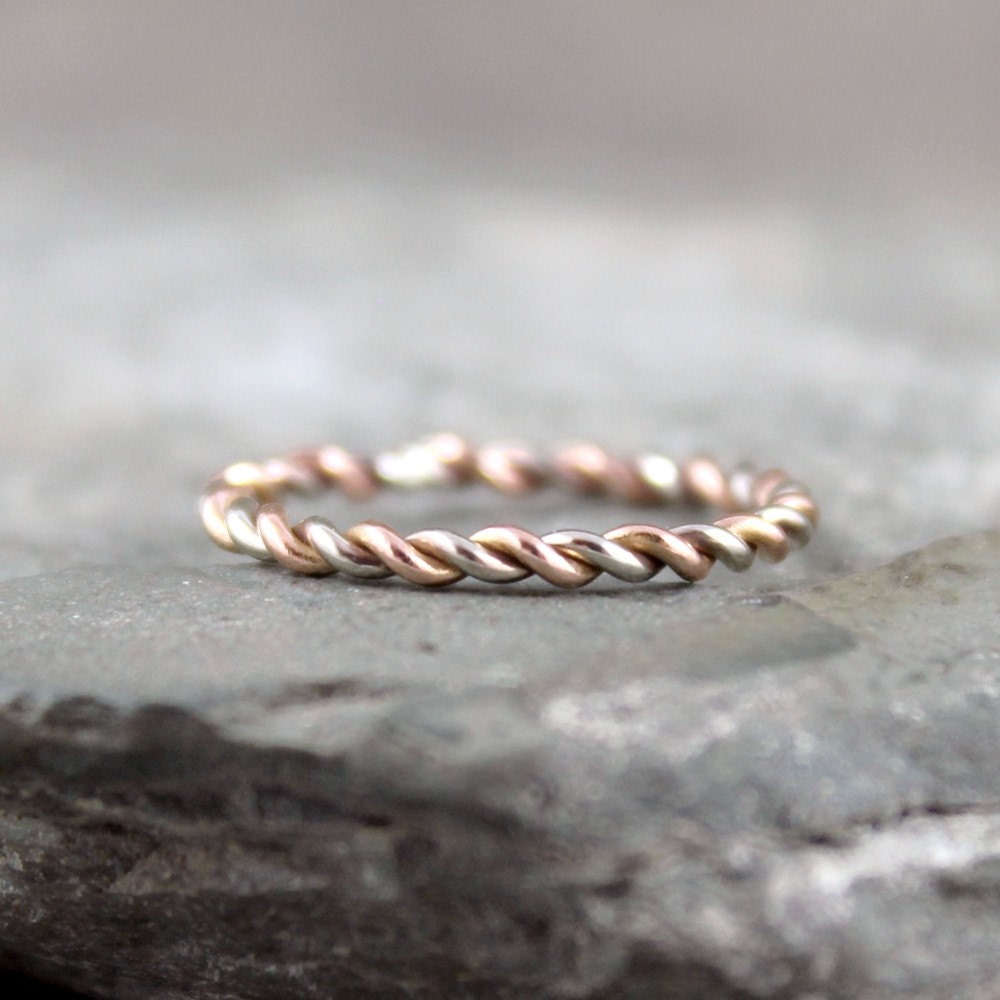 Pink and White Gold Band - Twist Band - 14K Pink and White Gold Ring - Stacking Ring - 14K Rose and White Gold Wedding Band
