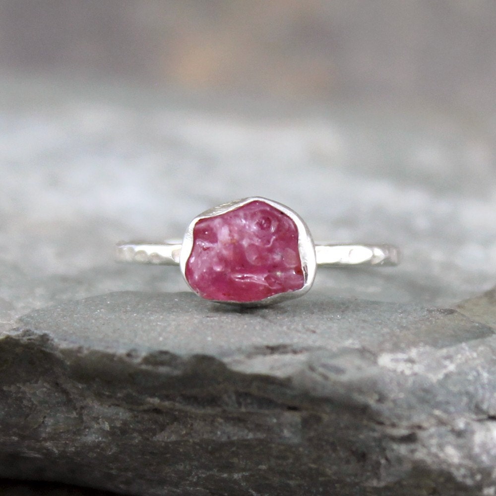 Uncut Raw Rough Red Ruby Ring - Sterling Silver Solitaire  -  Bezel Set - July Birthstone - Rustic Raw Gemstone Ring - 40th Anniversary Ring