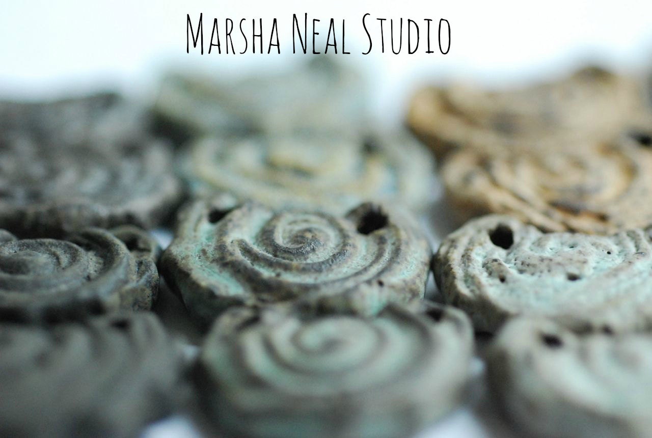 Handmade Crescent Bead Pendants Ceramic Chocolate Clay Spiral Textured Rustic
