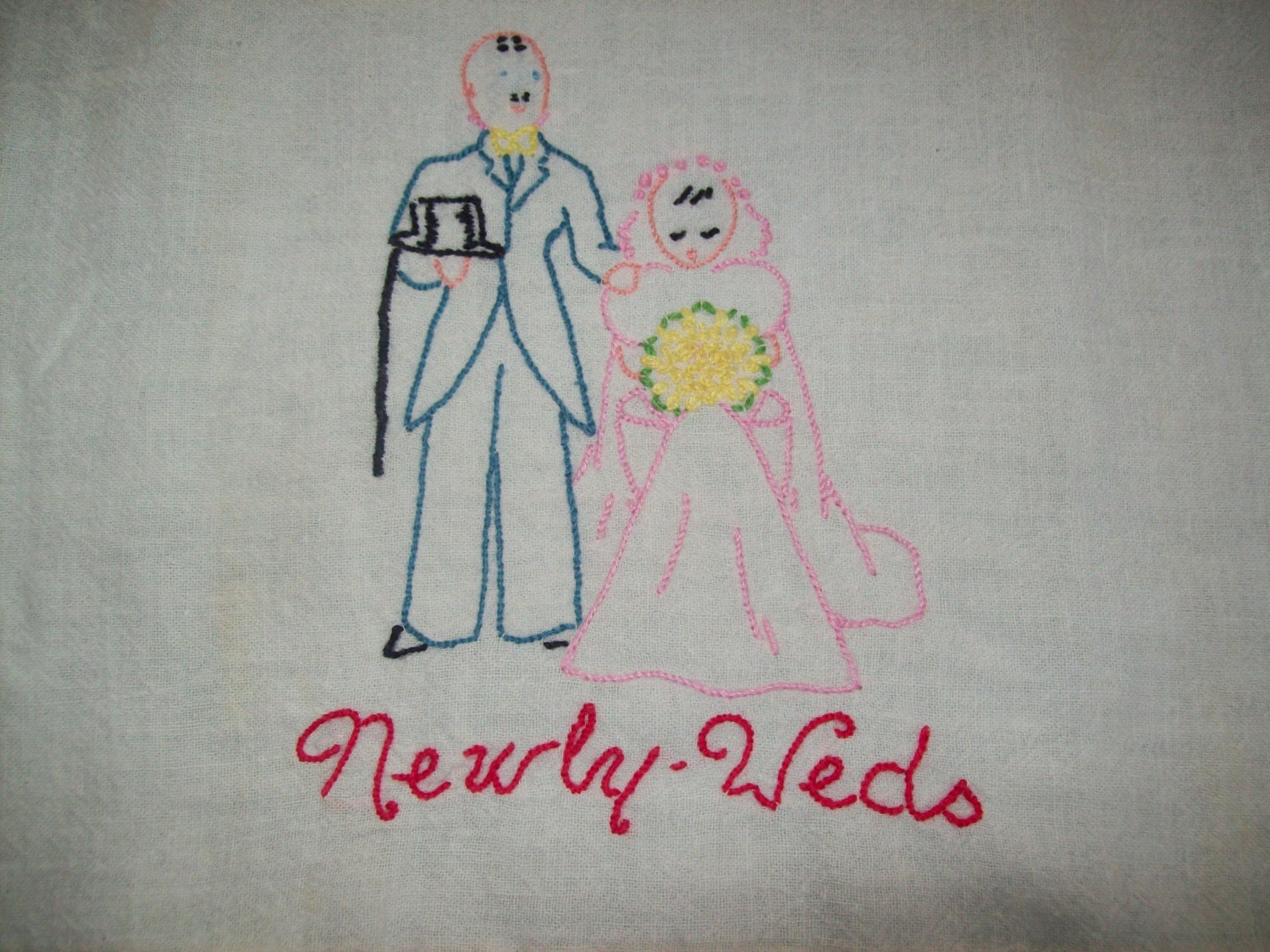 Vintage Hand Embroidered Newlywed Tea Towel