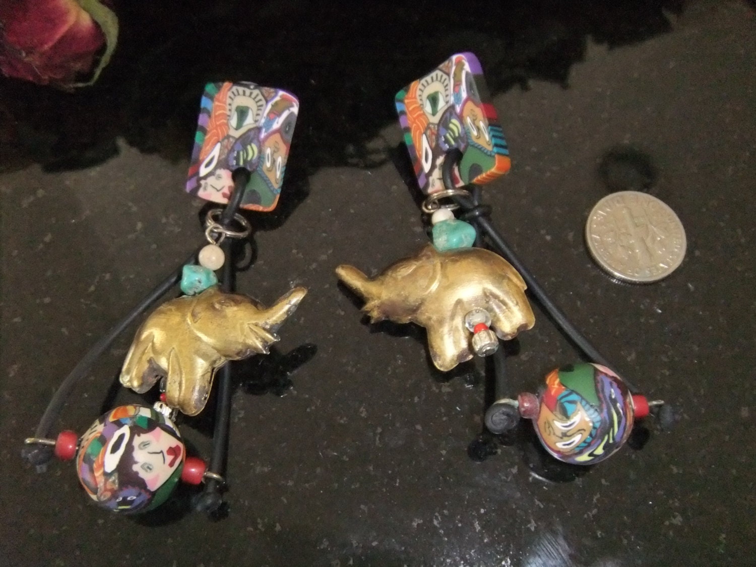 Multicolored Vintage Lucky Elephant drop pierced earrings, brass with polymer clay and bead work.  Handcrafted and unusual.