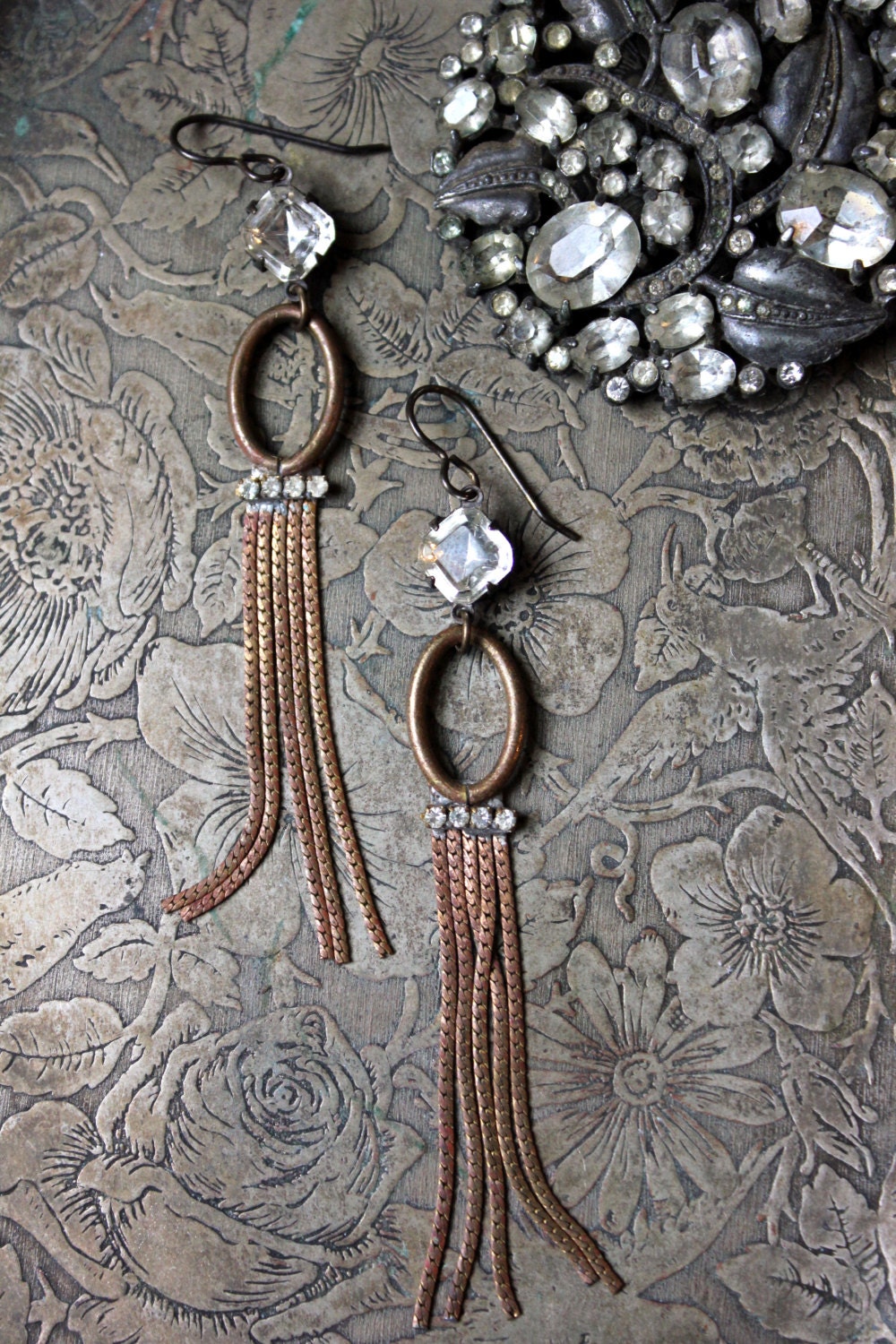 Tipsy. Vintage Brass Tassel and Rhinestone Jewel Earrings.