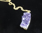 Amethyst Crystal Cluster Druzy Raw Geode GOLD Frame Pendant with Chain Necklace- BAR