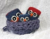 Owl Nugget Family in their blue nest that turns into a carrying bag kids toy... eco friendly wool (woolcrazy)
