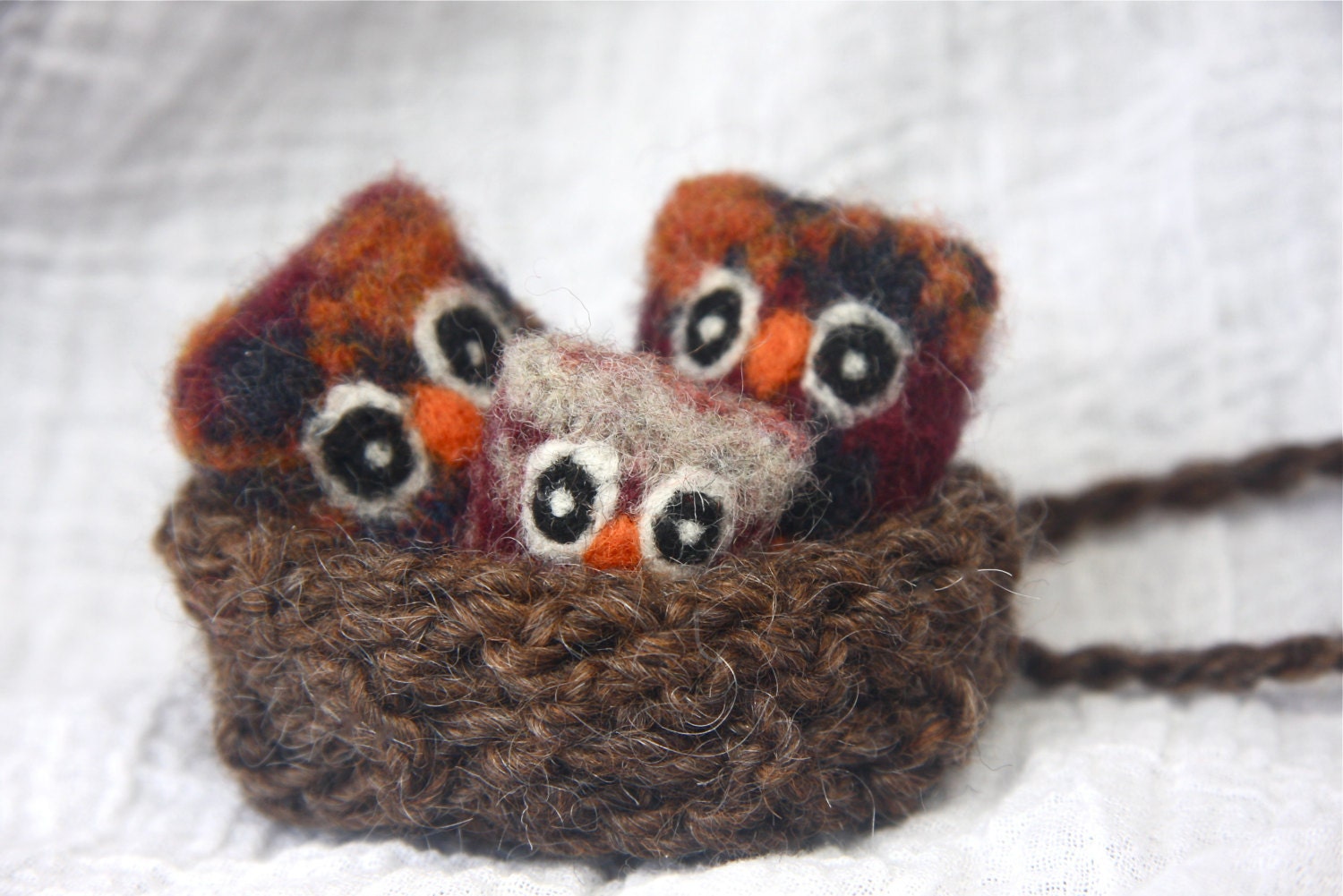 Owl Nugget Family in their brown nest that turns into a carrying bag kids toy... eco friendly wool (woolcrazy)