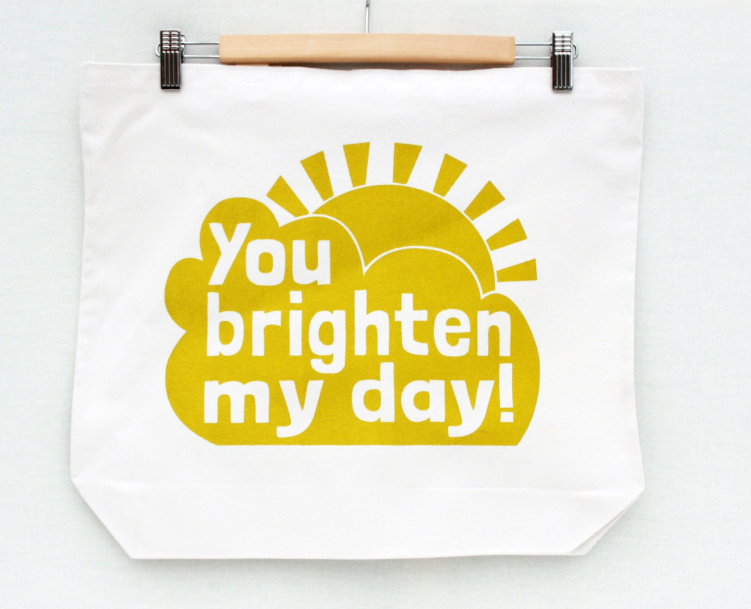 You Brighten My Day  - chartreuse sunshine screenprint, recycled grocery, shopping, everyday tote