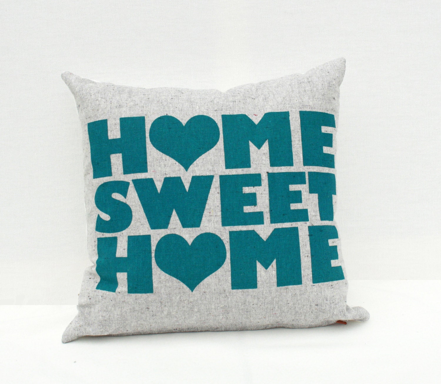Home Sweet Home - teal screen printed housewarming organic pillow, 12"x12"