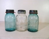 Vintage set of 3 glass Atlas and Ball Quart Mason Jars with zinc lids // flower vases // canisters // summer wedding decor