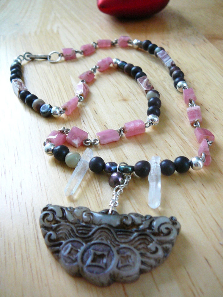 Abundance and Happiness - Rat - Necklace / Zapao Jade, Rhodonite and Crystal Points