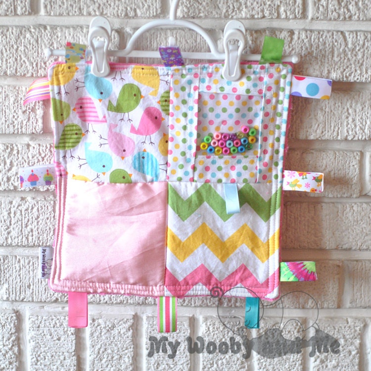 Birds in Spring Busy Hands Sensory Square Crinkle Crackle Ribbon Blanket - Fuchsia Minky Back - READY TO SHIP